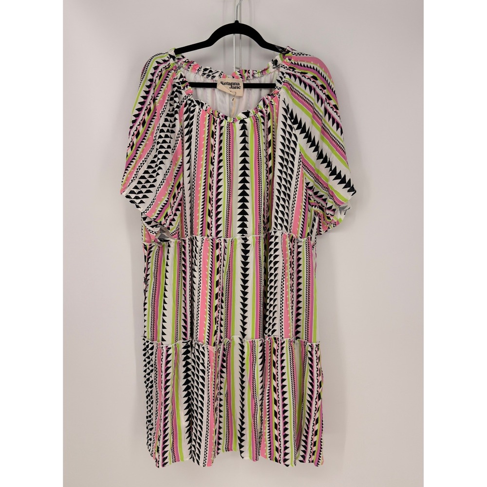 Savanna Jane Dress Women 3X Multicolor Geometric Tribal Tiered Boho Festival NEW